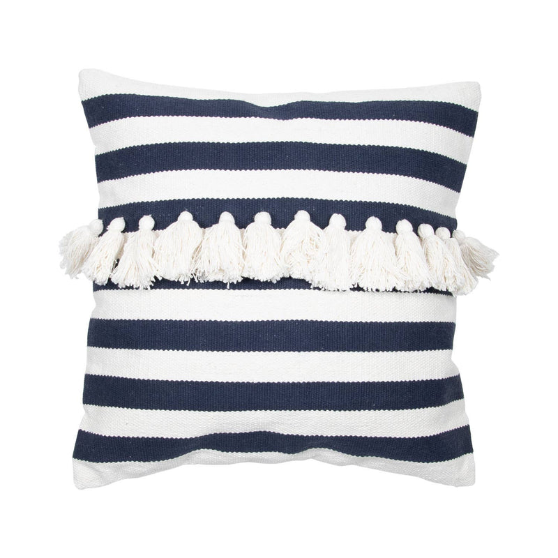 Blue and White Hand Woven Stripe Pillow with Tassles