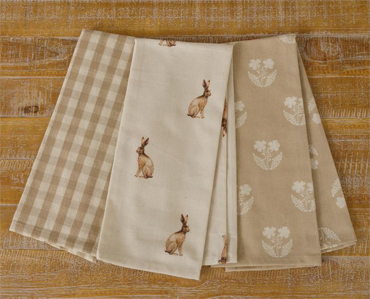 Tea Towels - Rabbit and Tan and Linen Check - Pack of 3