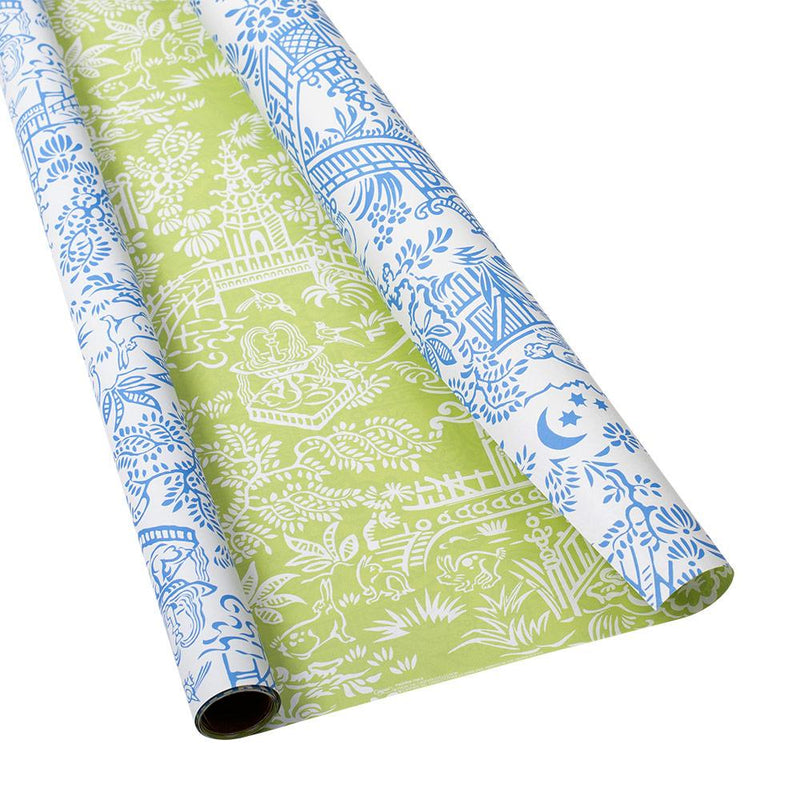 Pagoda Toile Reversible Gift Wrapping Paper in Blue & Green - 30" x 5' Roll