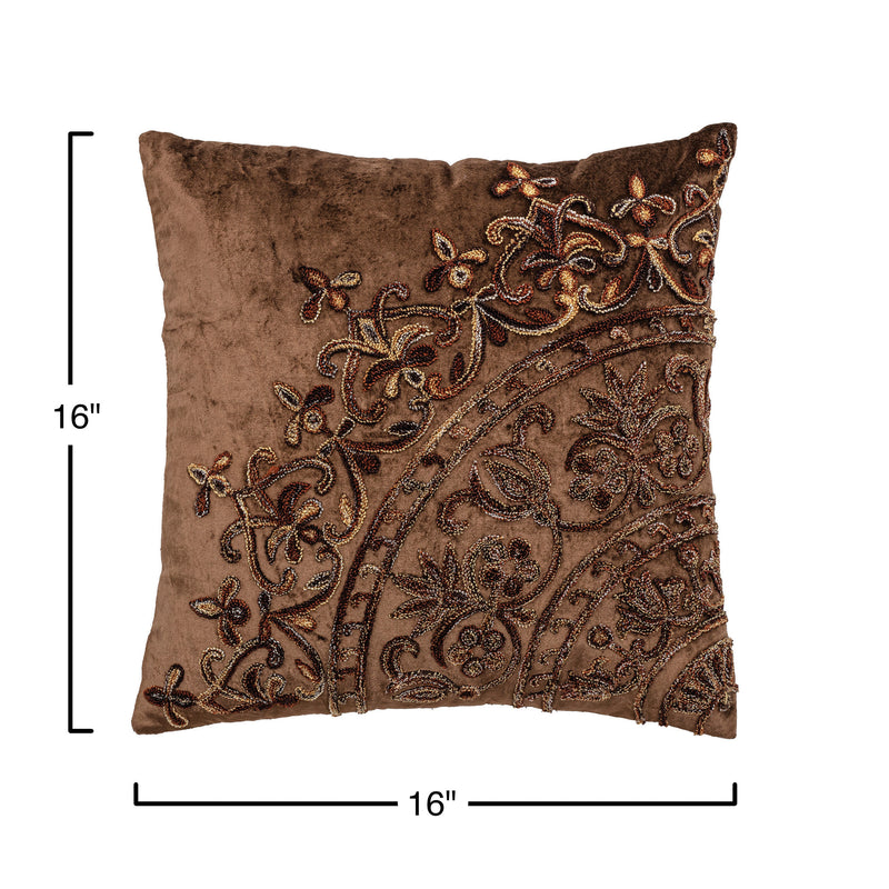 Brown Embroidered Velvet Pillow