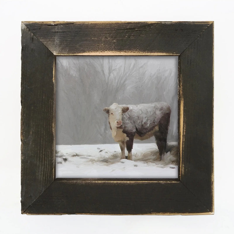 Cow in the Snow Print in Reclaimed Barnwood Frame