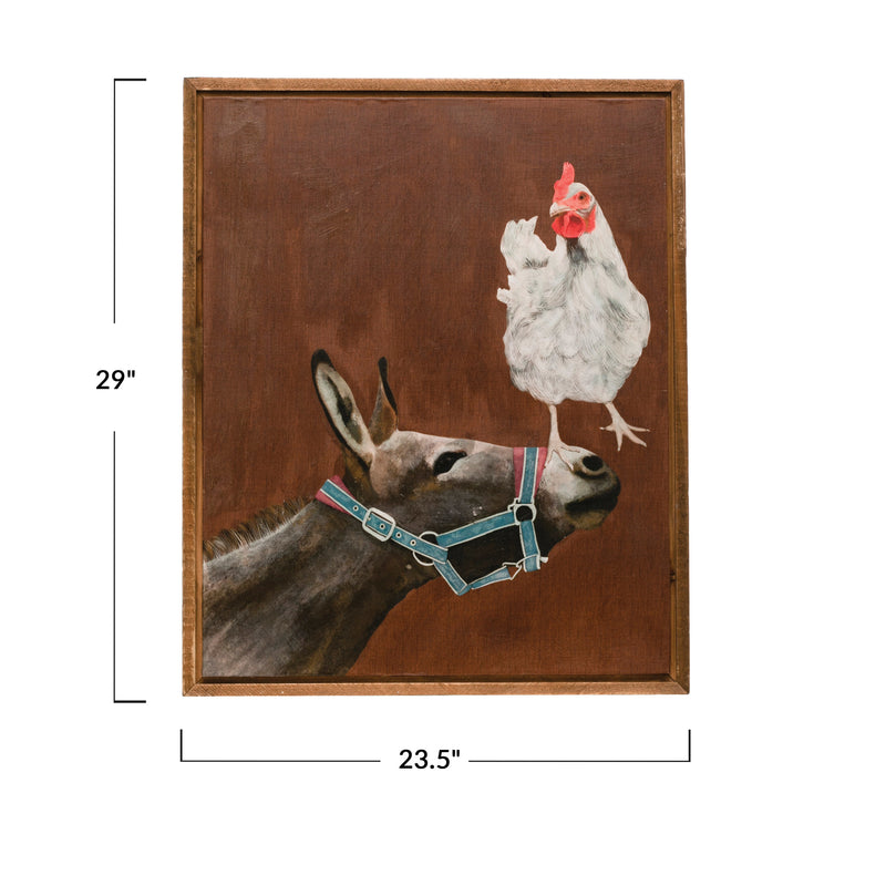 Framed Canvas Wall Decor with Donkey and Chicken