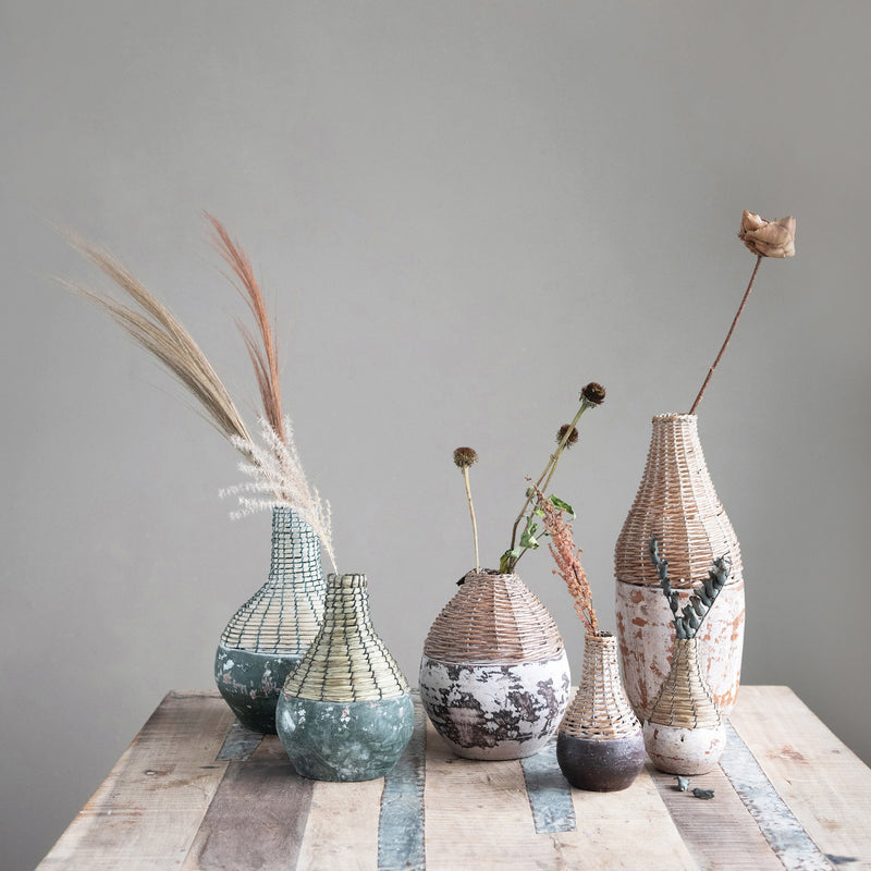 Hand-Woven Rattan and Clay Vase, 2 Colors