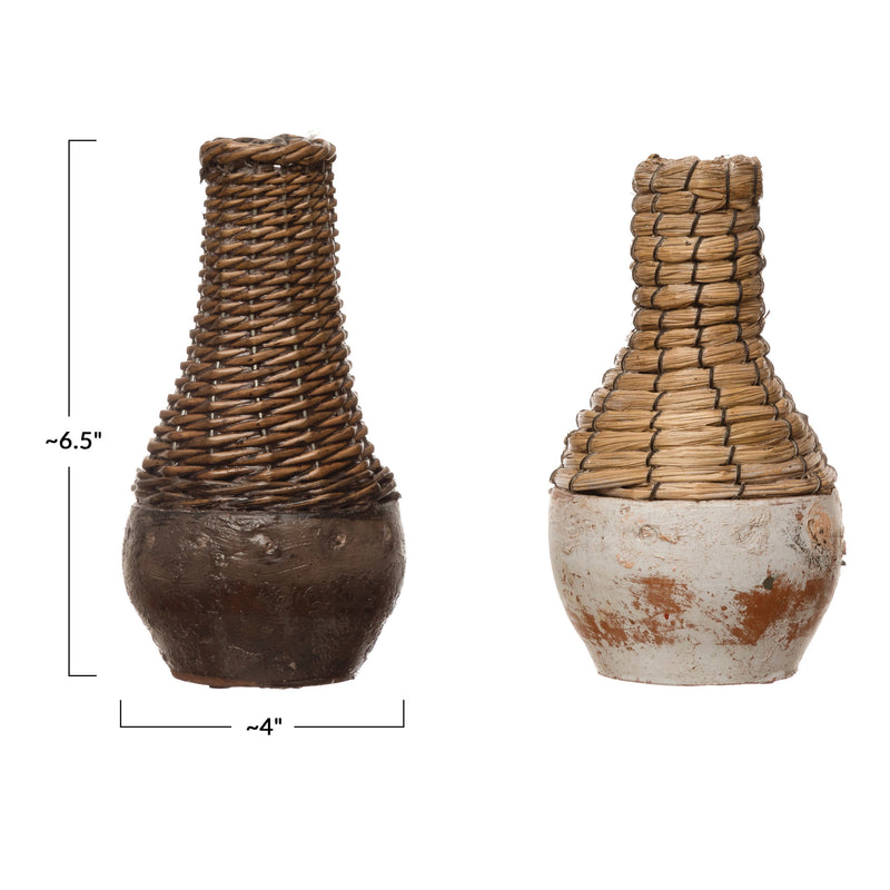 Hand-Woven Rattan and Clay Vase, 2 Colors