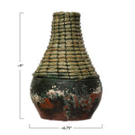 Distressed Hand-Woven Rattan and Clay Vase