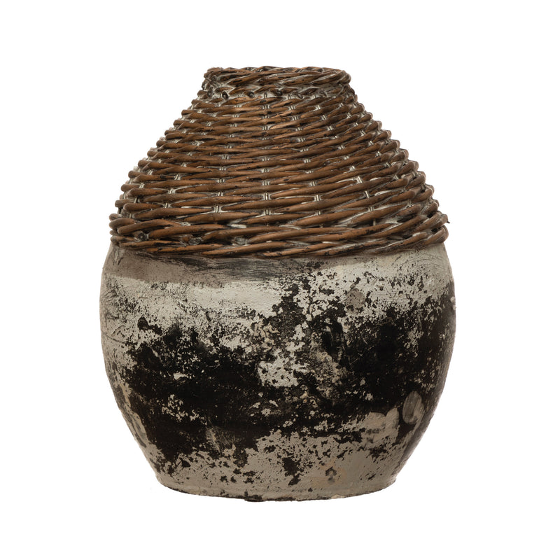 Distressed Hand-Woven Dried Grass and Clay Vase