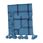 Woven Throw with Blue Grid Pattern and Tassels