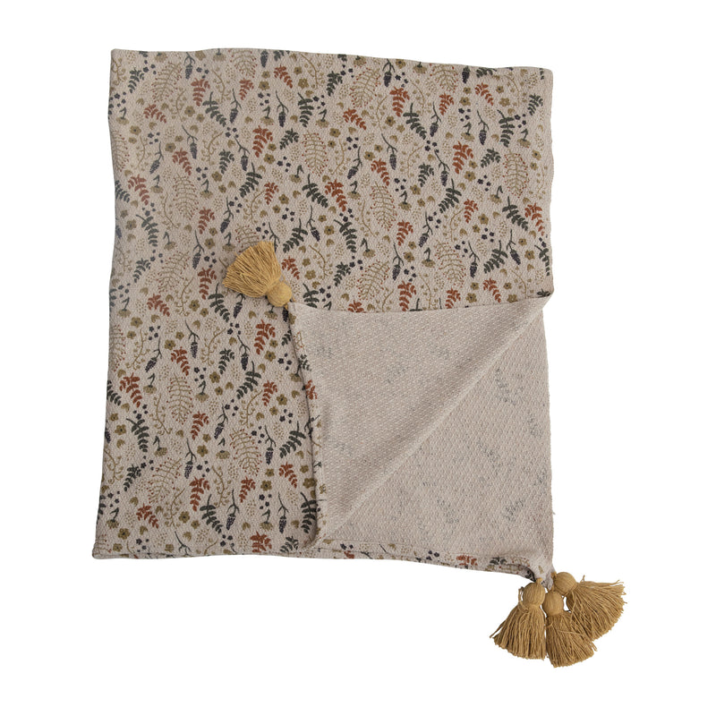 Woven Printed Throw with Floral Pattern and Tassels