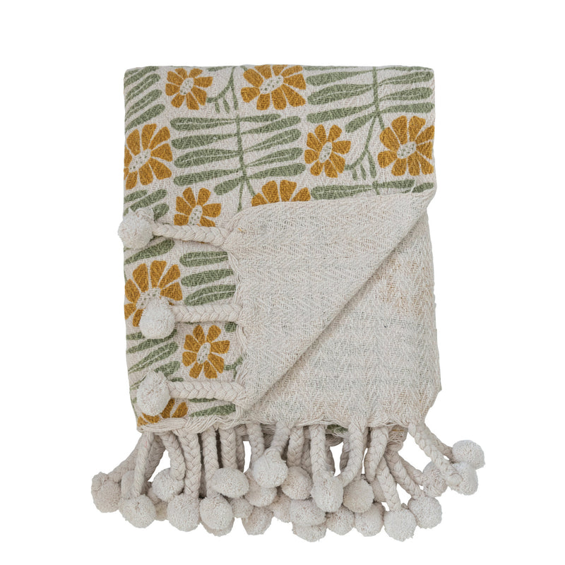 Woven Recycled Cotton Blend Printed Throw w/ Flowers & Braided Pom Pom Tassels