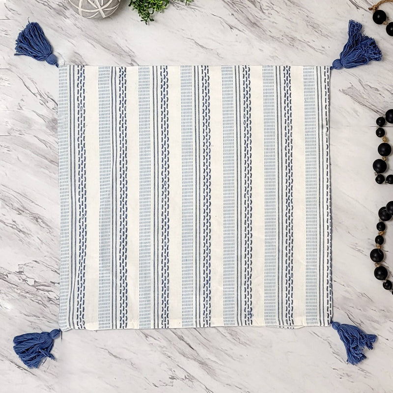 Blue and White Patterned Pillow with Tassels