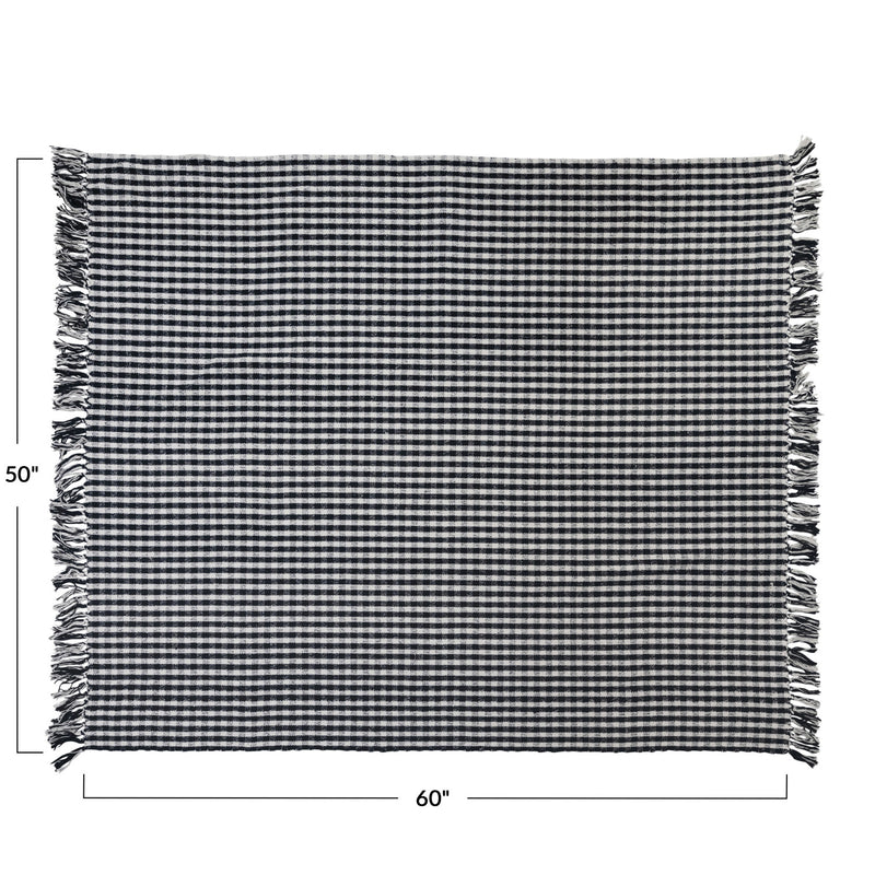 Woven Recycled Cotton Blend Throw w/ Fringe Black Gingham